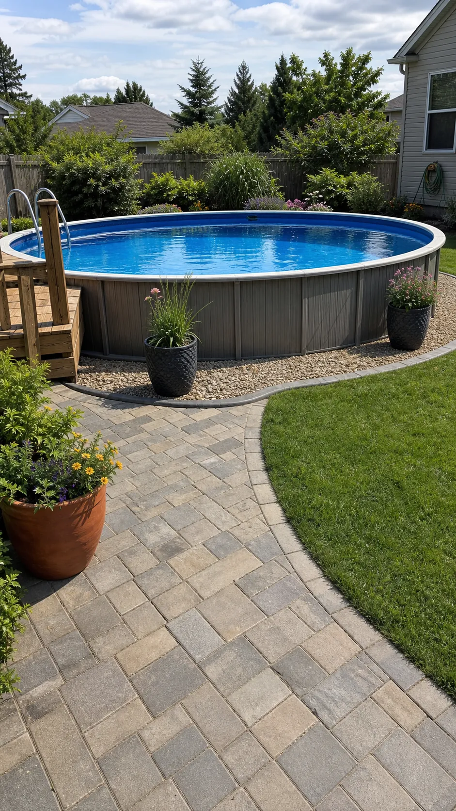 Beautifully landscaped round above-ground pool with gravel, pavers, planters, and lawn