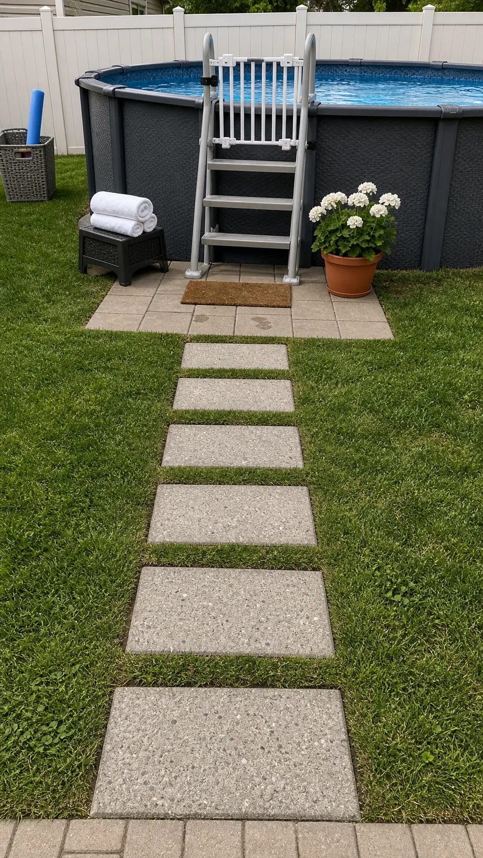 Stepping-stone path leading through lawn to an above-ground pool ladder