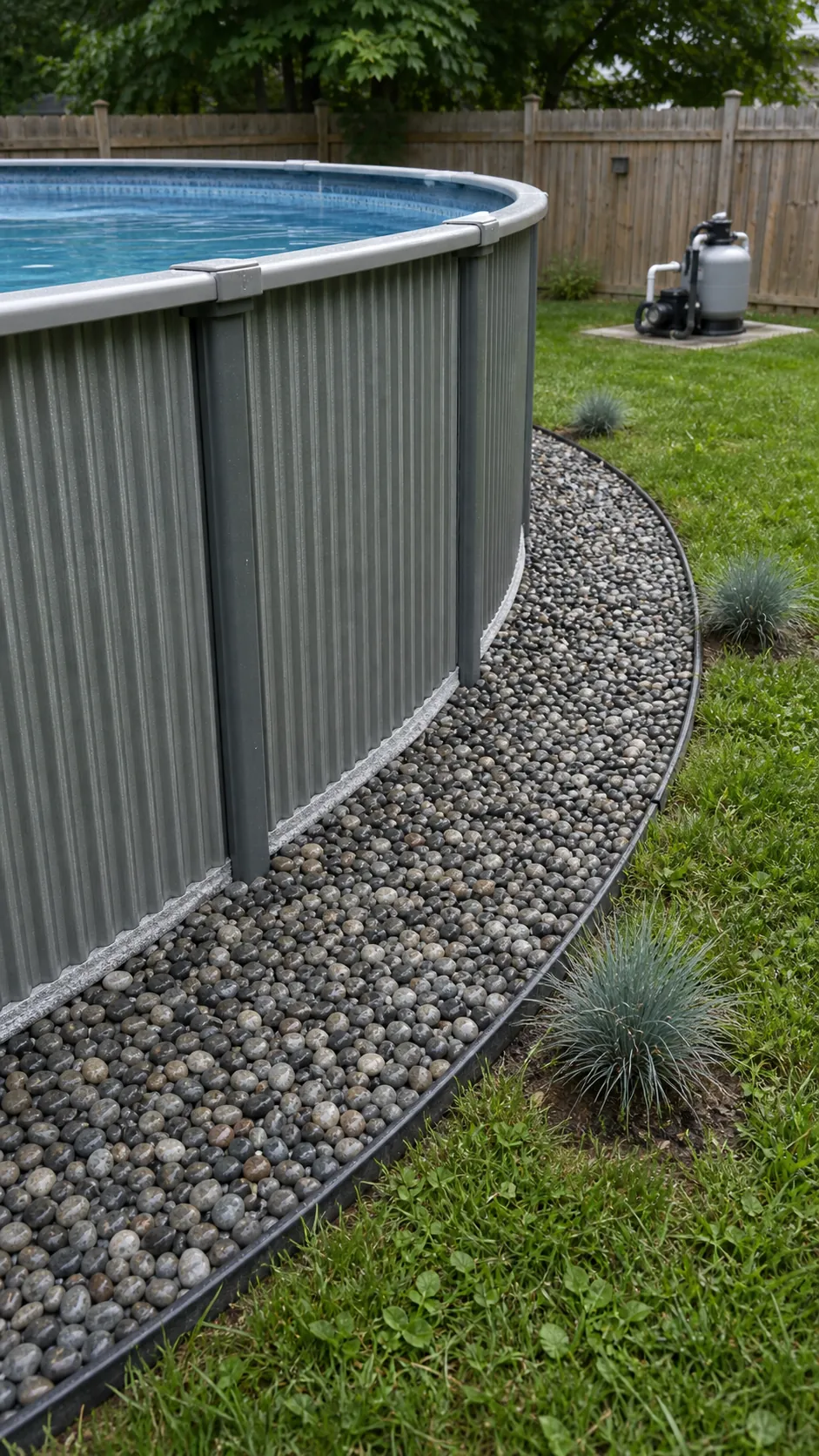 Washed gravel collar landscaping around a round above-ground pool