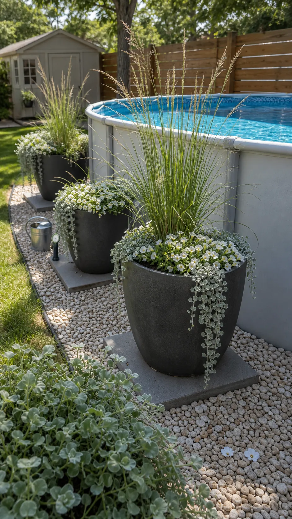 Large planters with ornamental grasses beside an above-ground pool