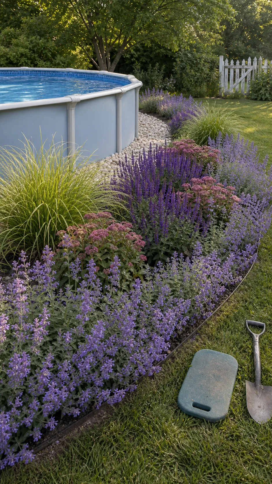 Curved perennial garden border set away from an above-ground pool