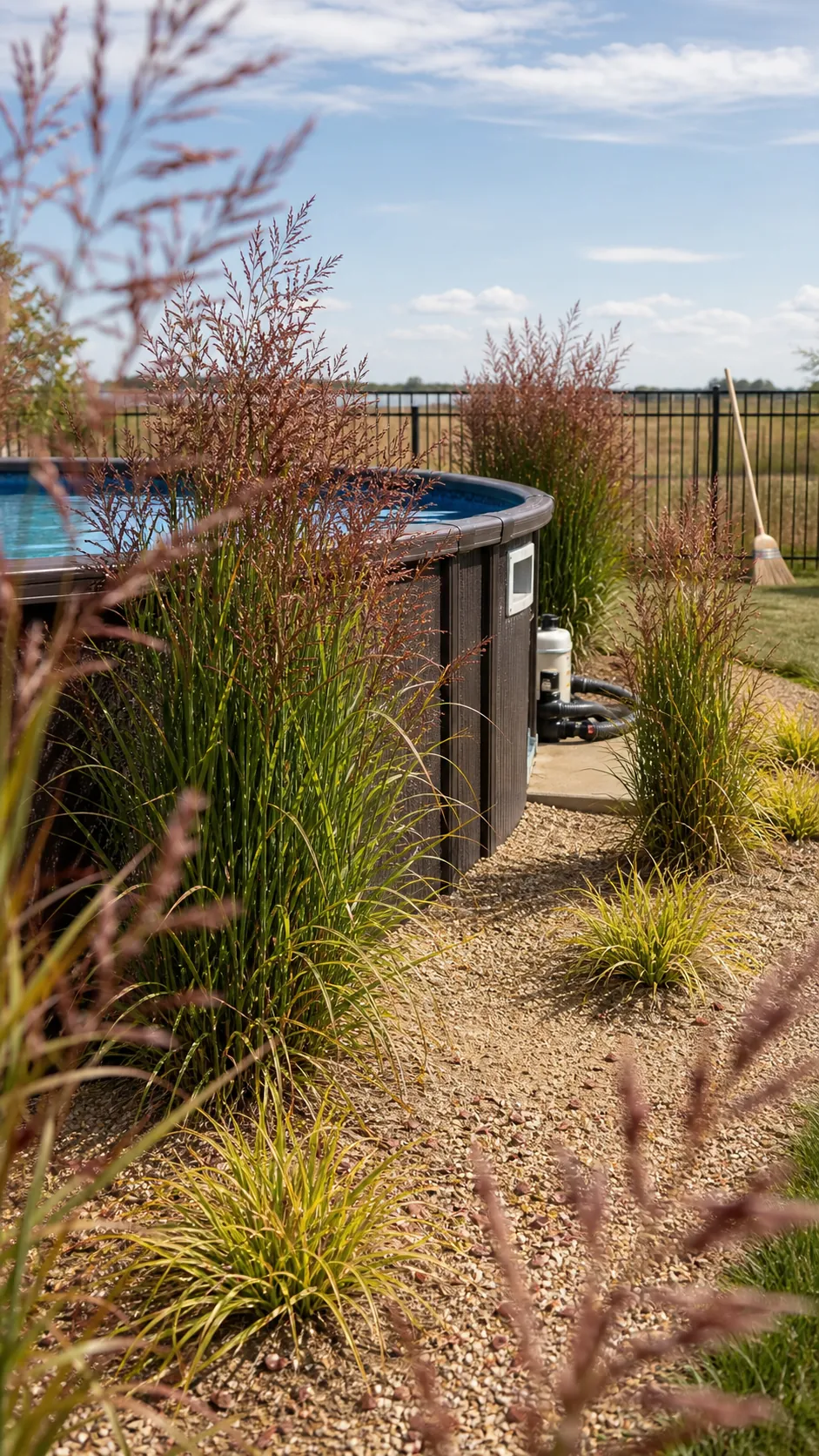 Clump-forming ornamental grasses screening an above-ground pool wall