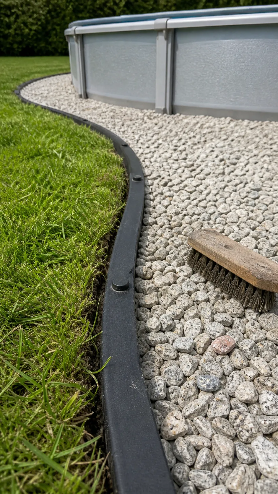 Crisp composite landscape edging separating gravel from lawn near a pool