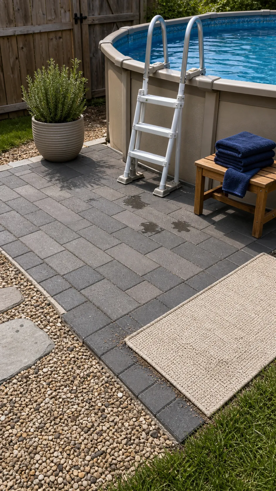 Textured paver landing beside the entry ladder of an above-ground pool