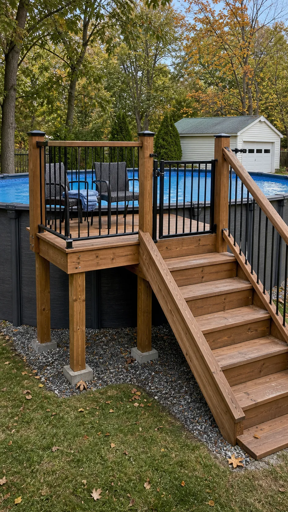 Small partial wood deck attached beside an above-ground pool