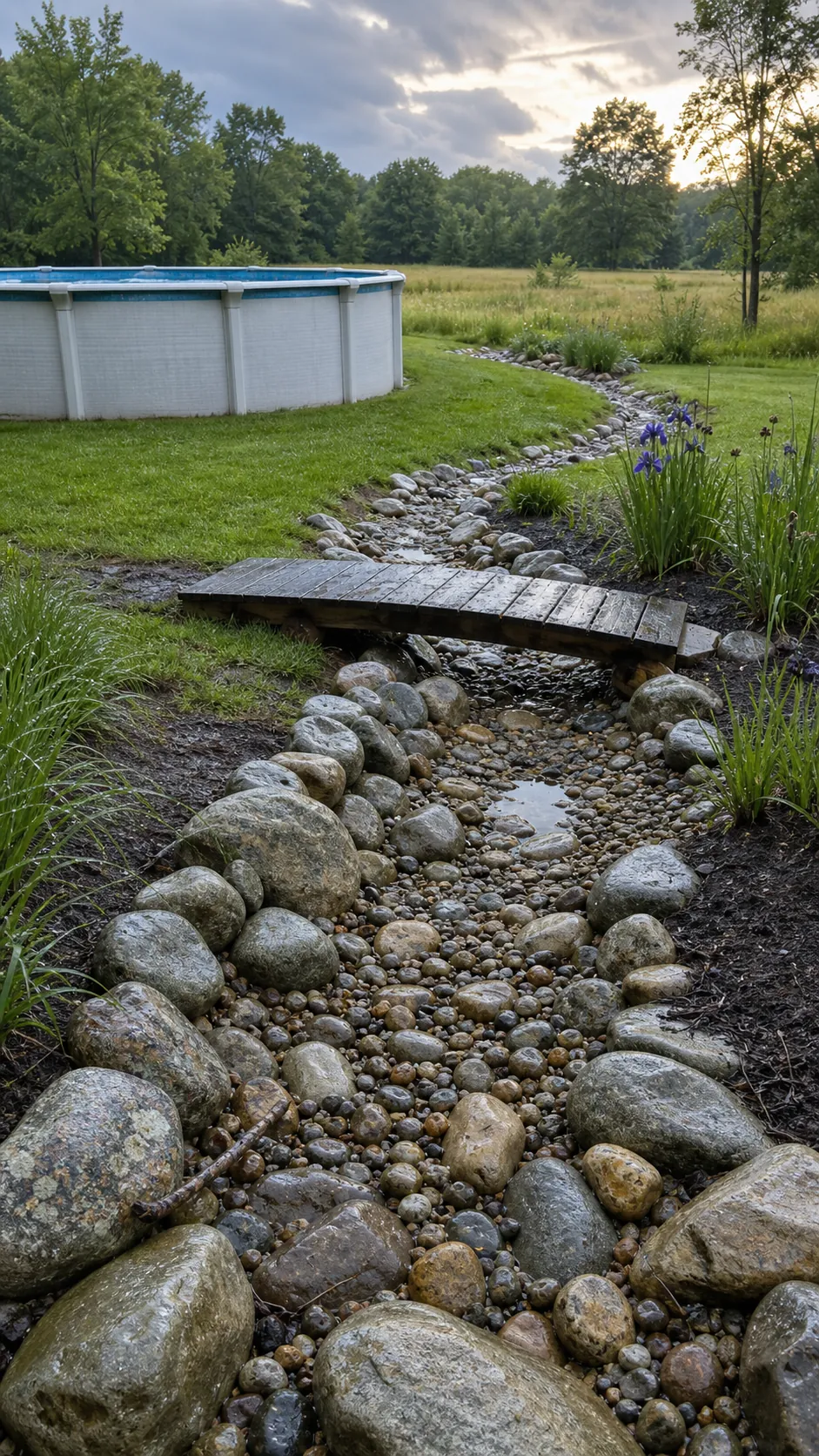Landscaped dry creek carrying runoff away from an above-ground pool area