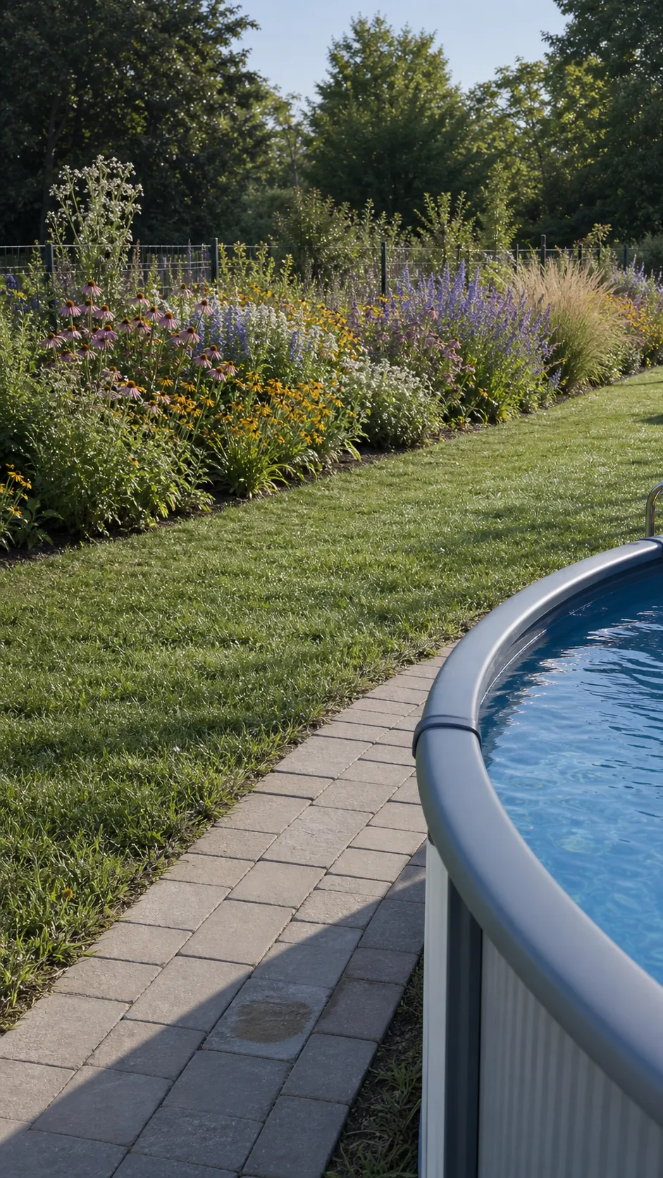 Colorful pollinator garden positioned beyond an above-ground pool walkway