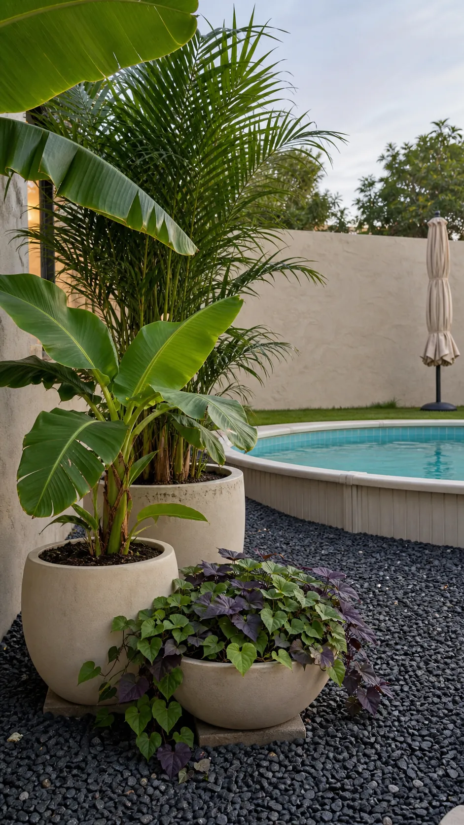 Tropical foliage containers creating a lush corner beside an above-ground pool