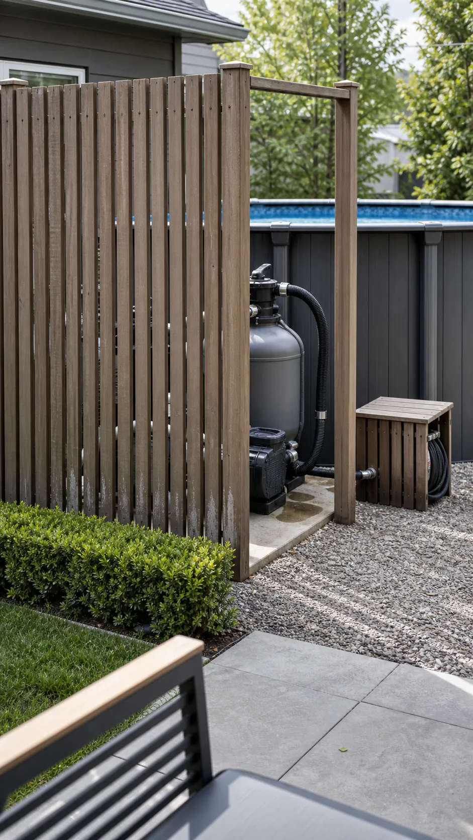 Ventilated wood slat screen concealing above-ground pool equipment