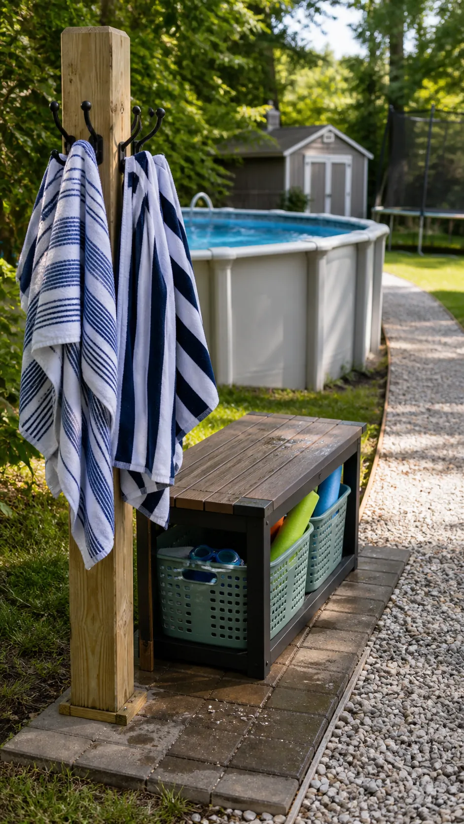 Compact towel hooks and outdoor storage bench near a pool path