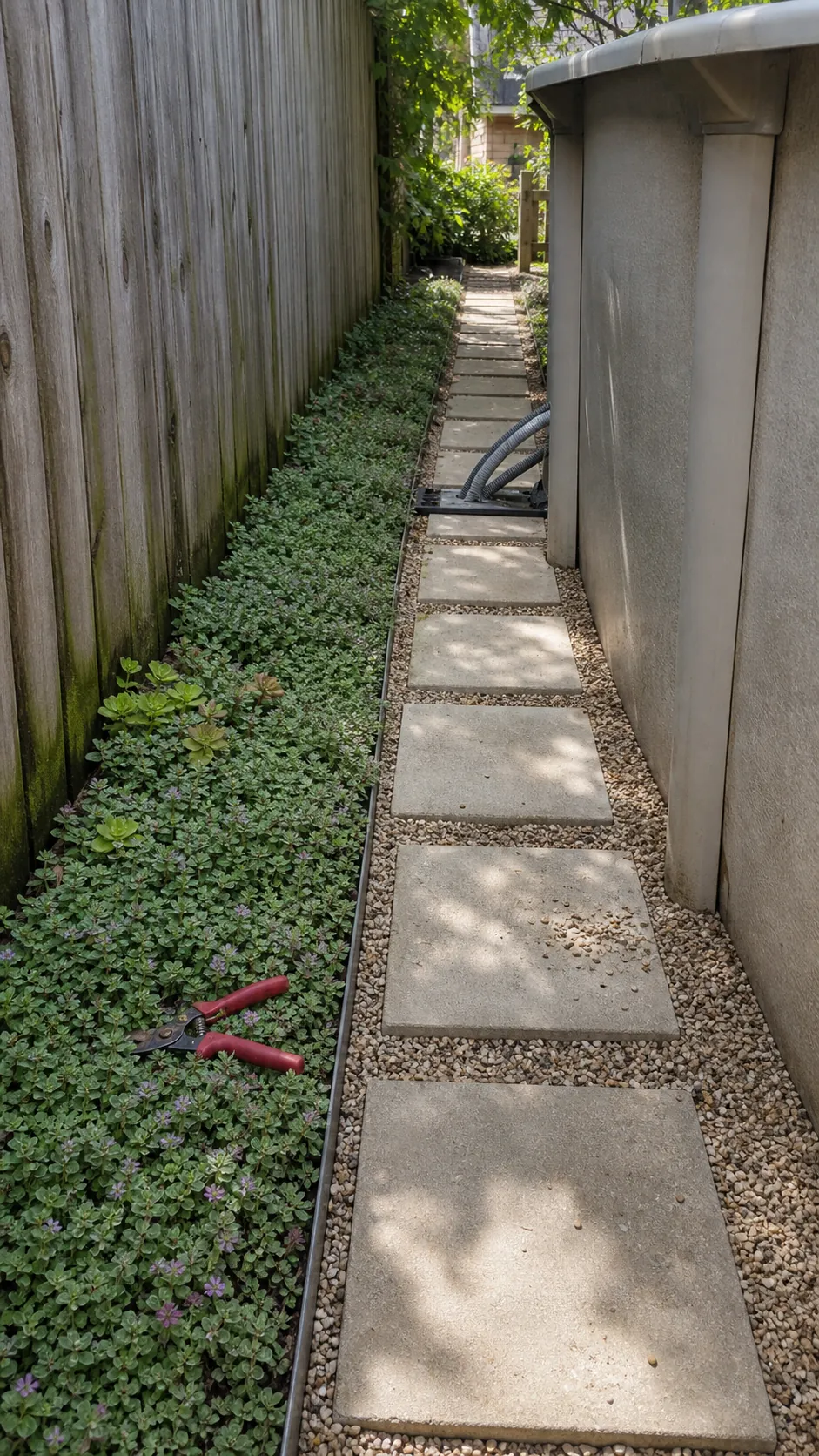 Low groundcover filling a narrow yard strip beyond a pool service path
