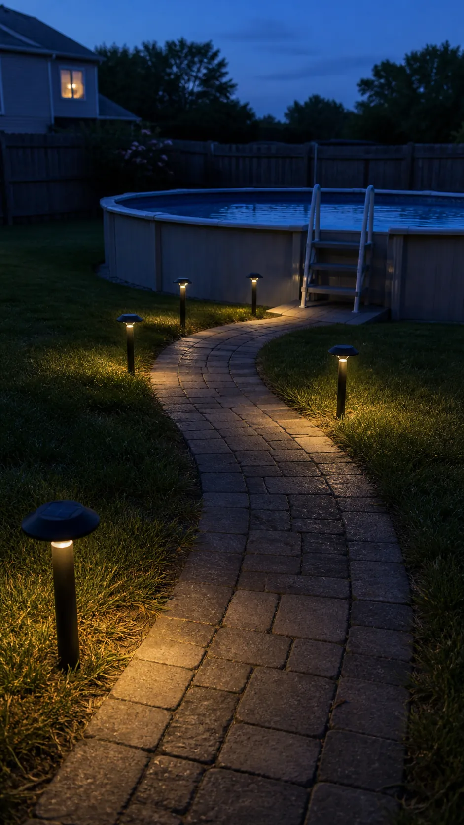 Warm solar path lights illuminating the walkway to an above-ground pool