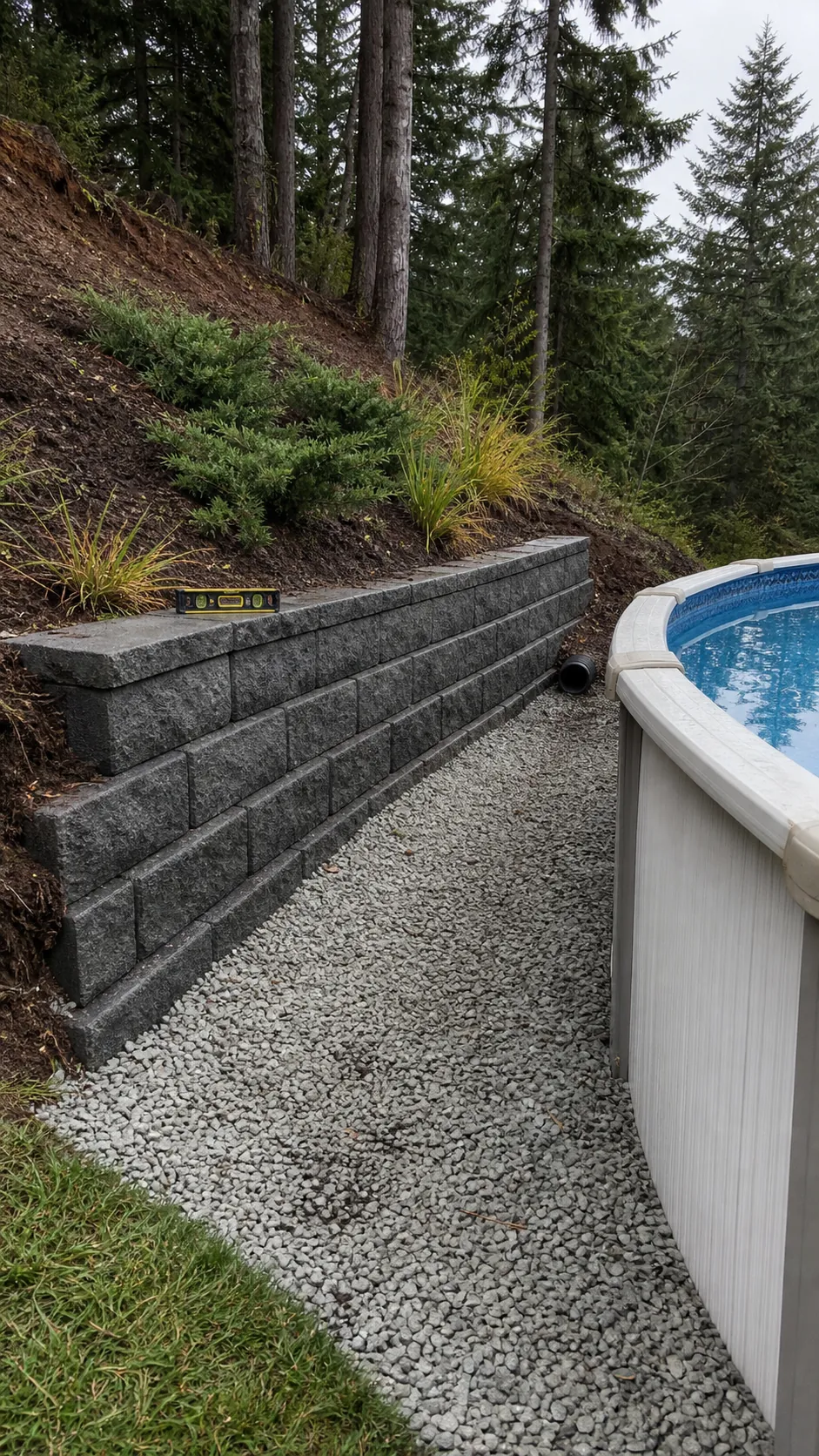 Low retaining wall and drainage gap beside an above-ground pool on a slope