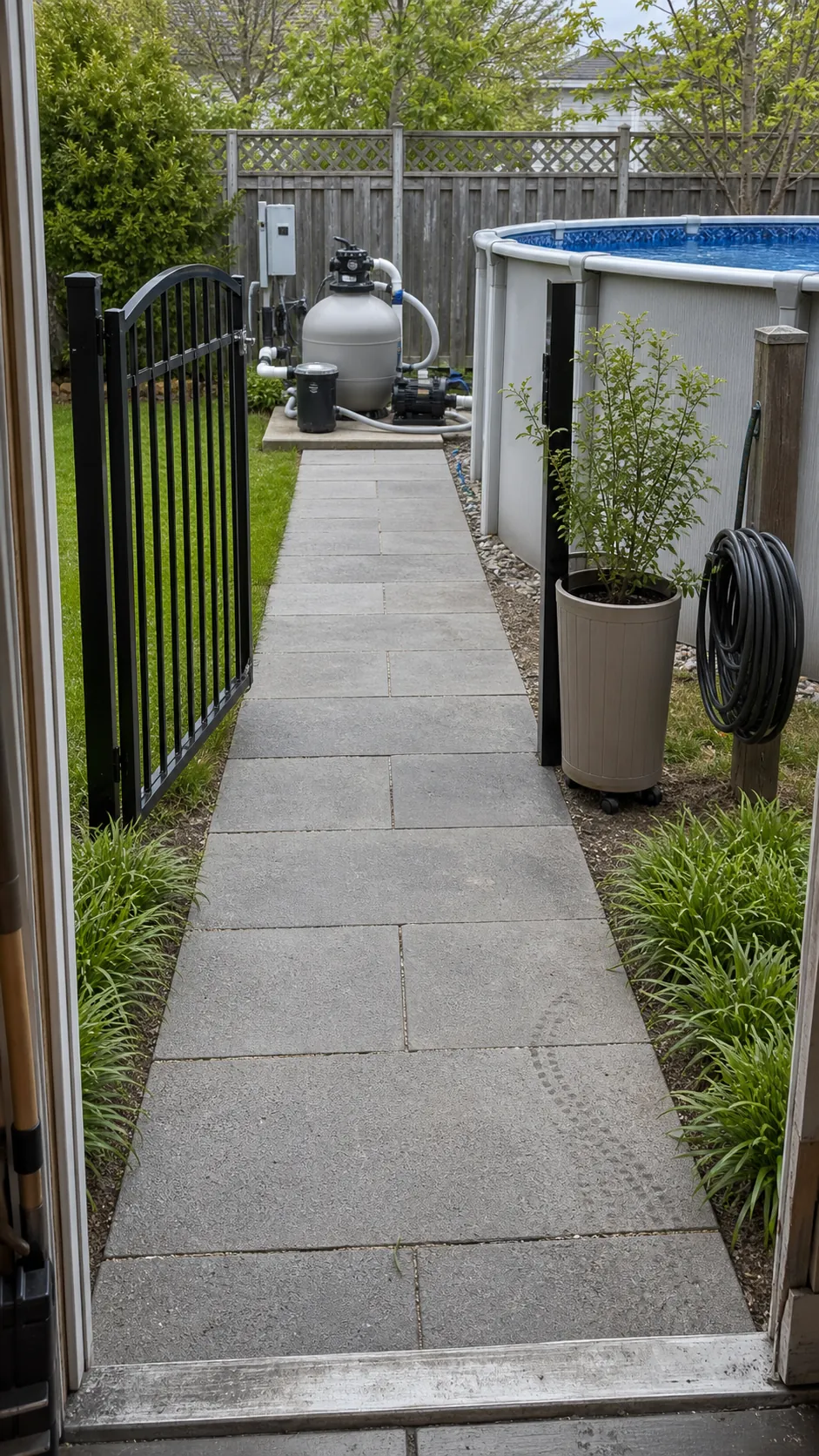 Clear paver maintenance path leading to above-ground pool equipment