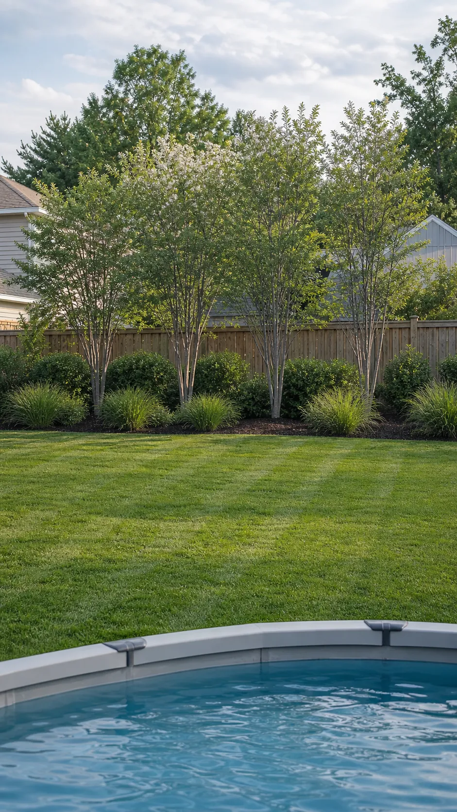 Layered shrubs and ornamental grasses screening a pool at the far fence