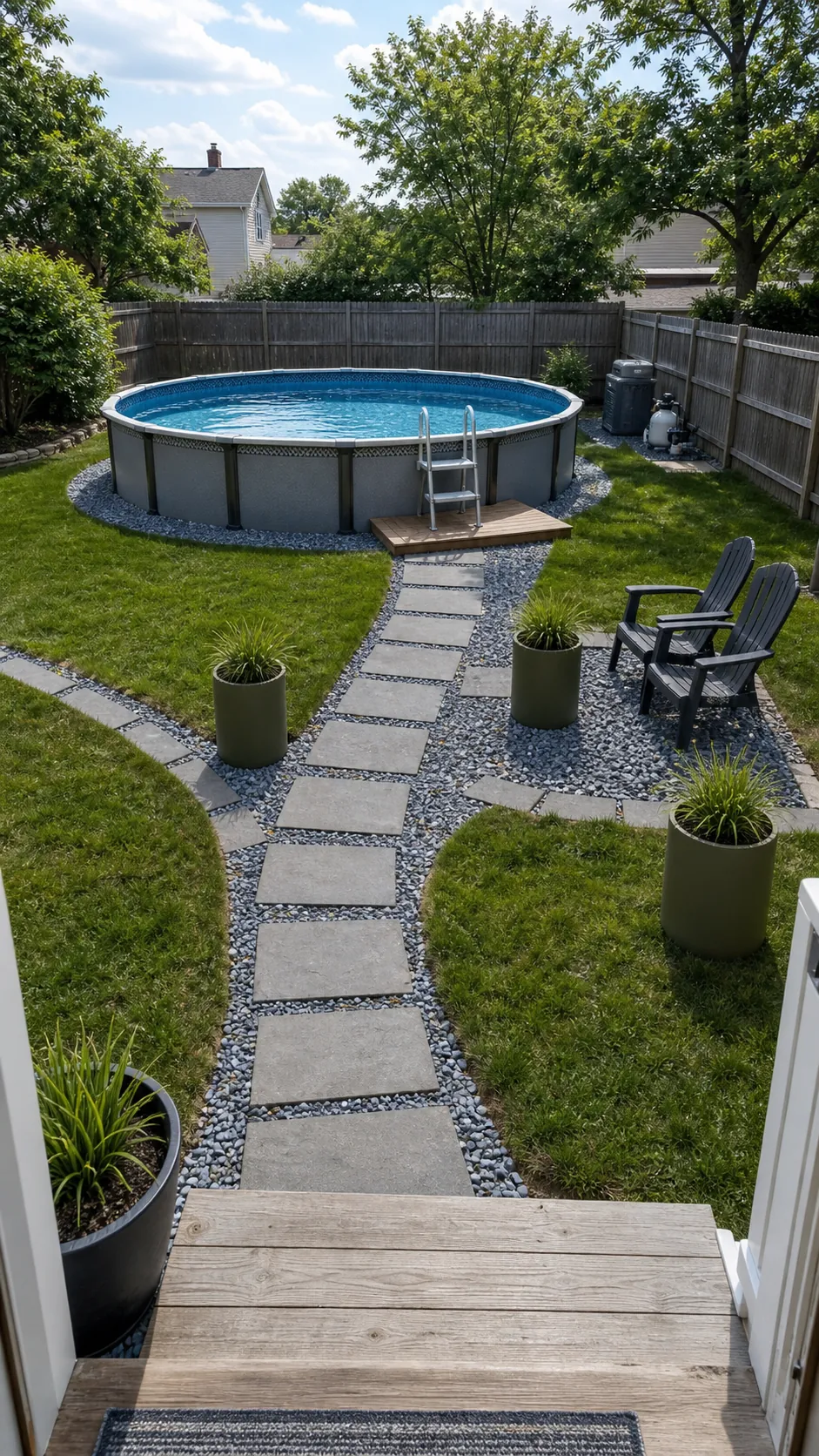 Cohesive above-ground pool landscape connected by repeated gravel and pavers