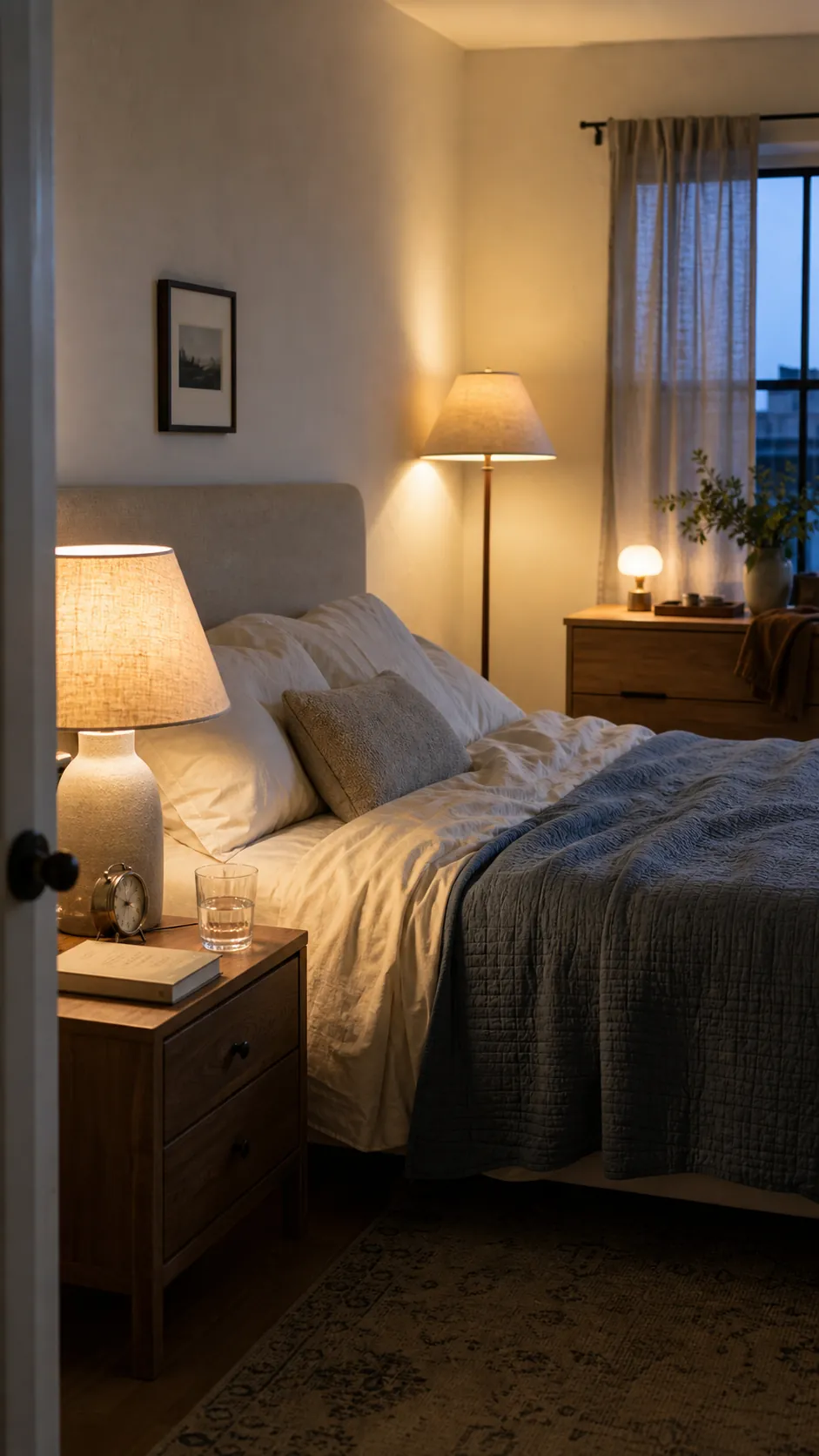 Layered bedroom lamps creating a soft and restful evening atmosphere