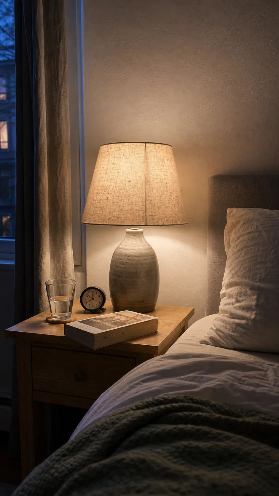 Linen shade bedside lamp casting soft light in a cozy bedroom