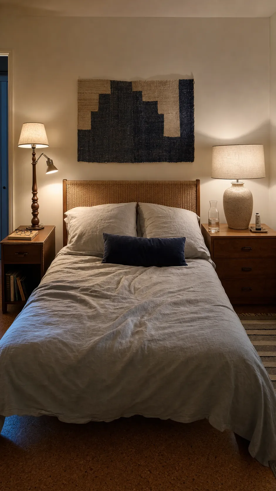 Balanced mismatched bedside lamps with complementary shades