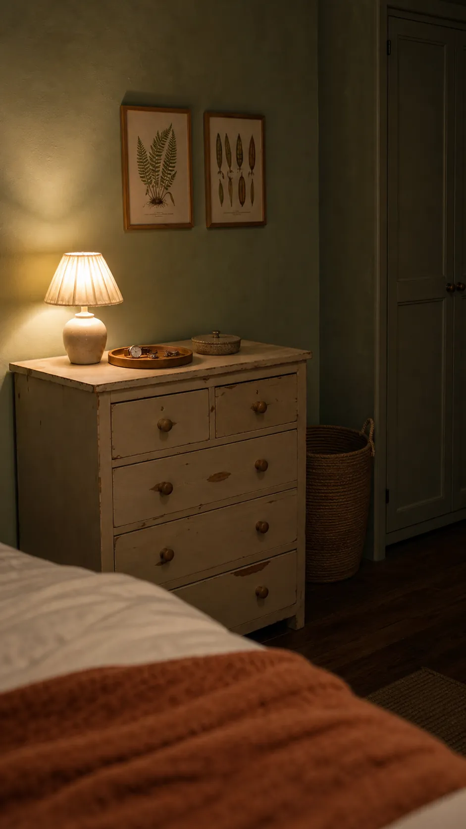 Small dresser lamp creating a second pool of bedroom light