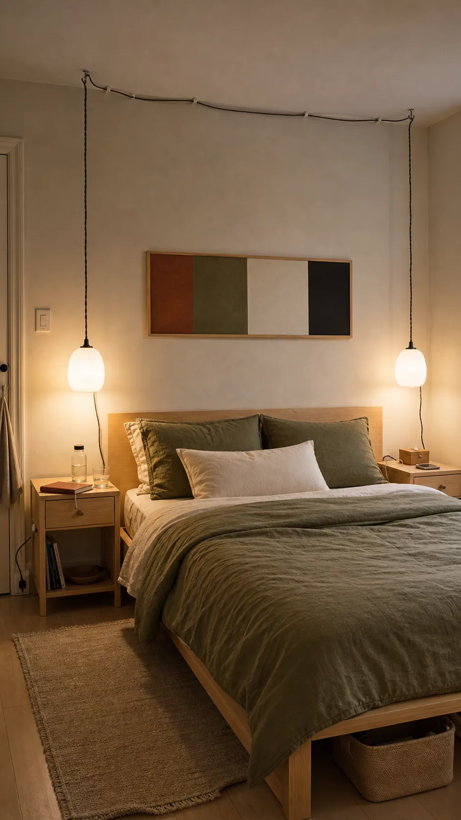 Diffused pendant lamps freeing two bedroom nightstands