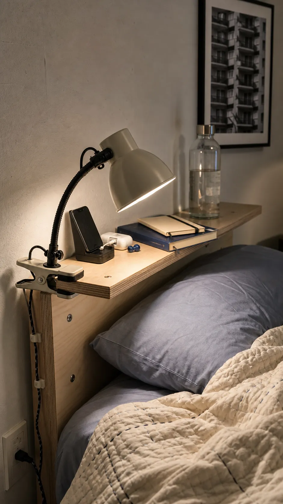 Compact clip lamp attached to a bedroom headboard shelf