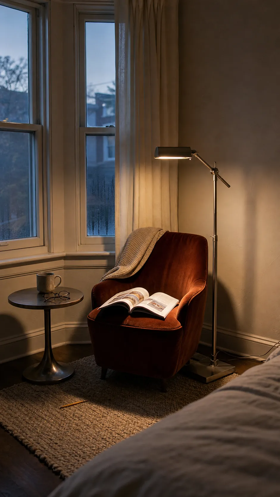 Slim pharmacy floor lamp beside a compact bedroom reading chair