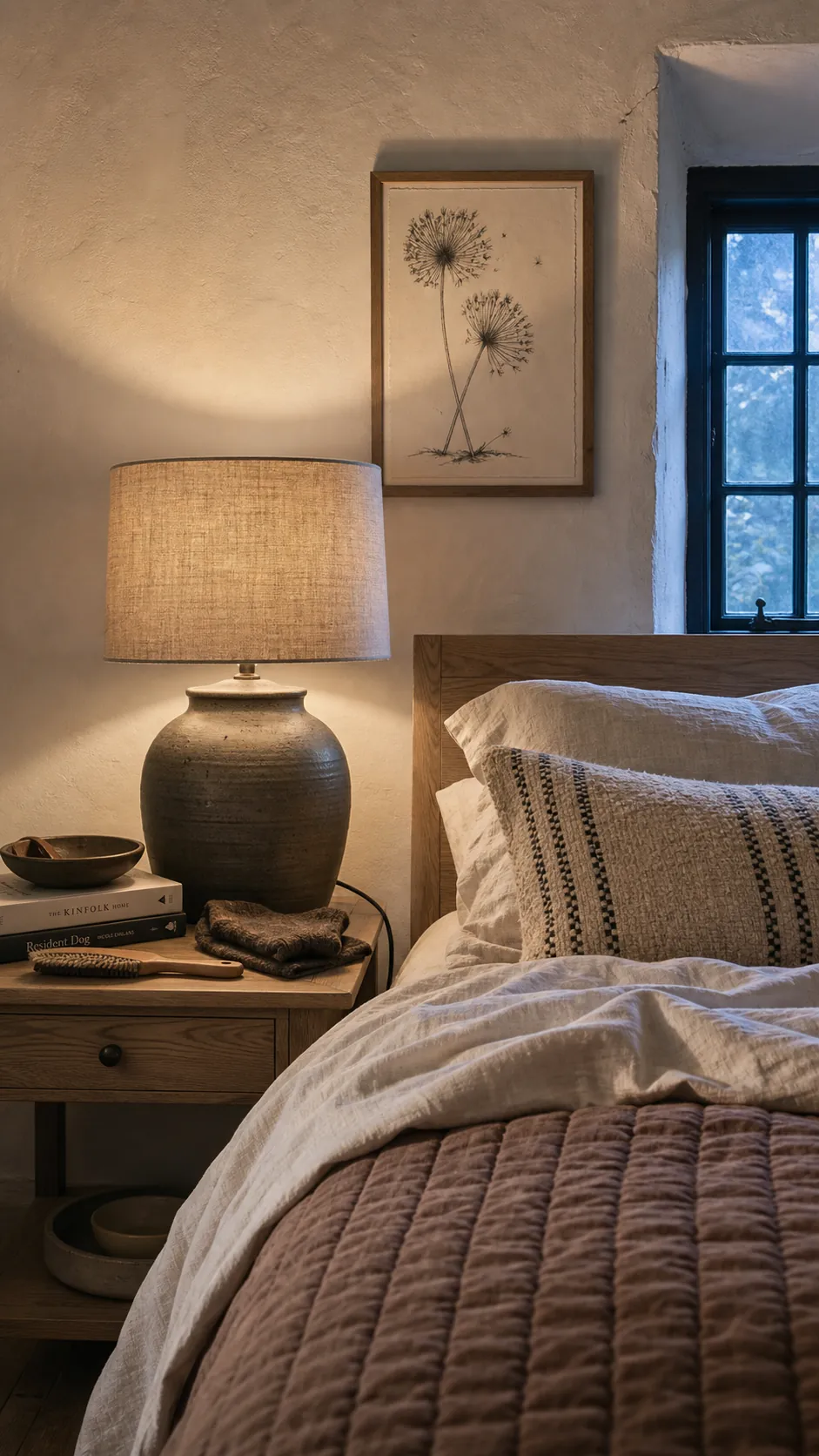 Matte stoneware lamp beside layered textured bedding