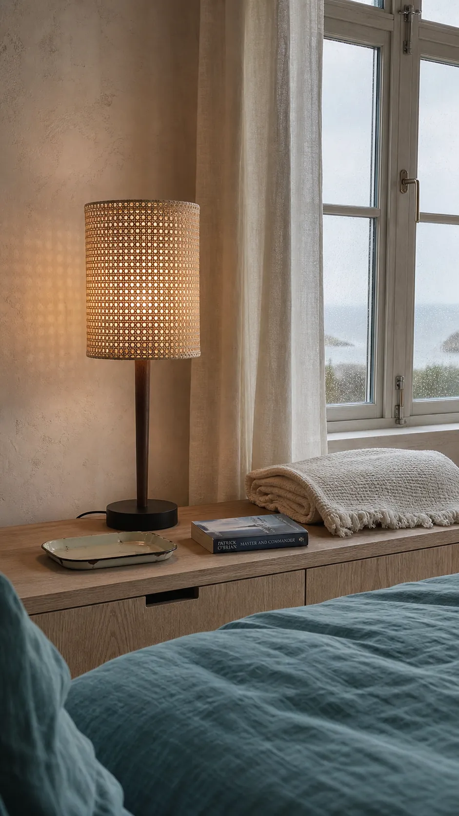 Woven cane shade diffusing light beside a bedroom window