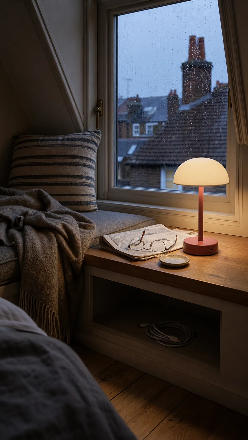 Rechargeable cordless lamp glowing on a bedroom window seat