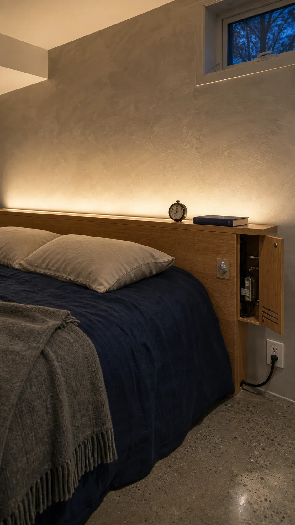 Indirect LED lamp washing a bedroom wall behind the headboard