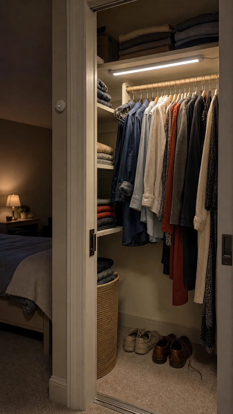 Soft motion-activated light illuminating an organized bedroom closet