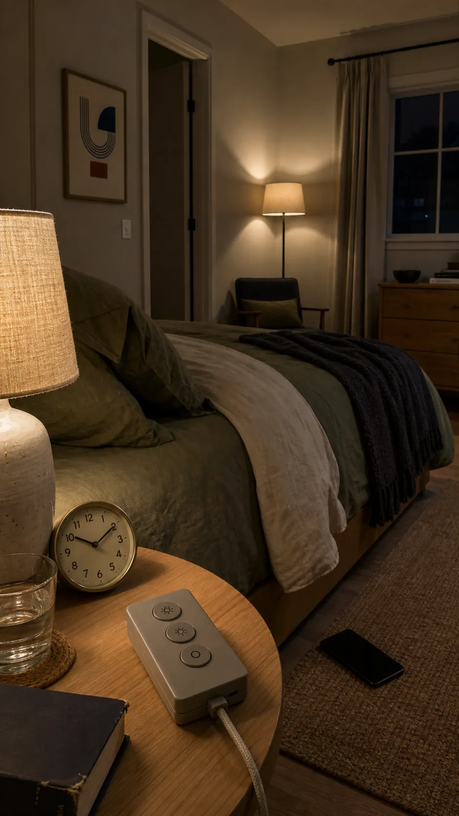 Accessible dimmer controls coordinating layered bedroom lamps