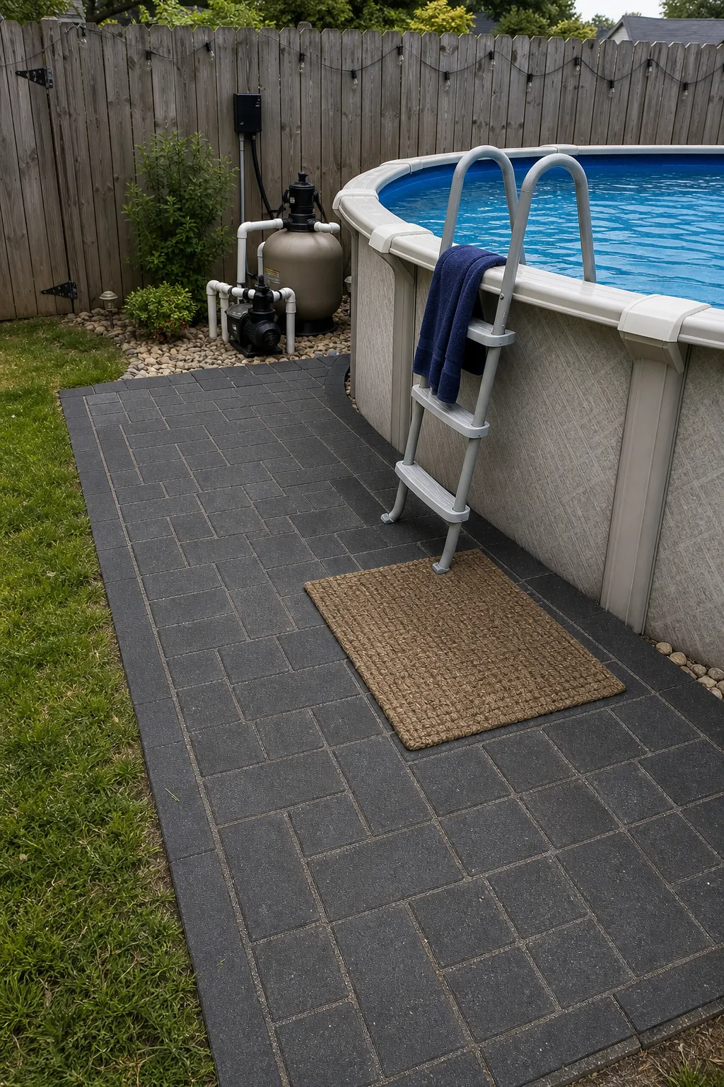 DIY paver landing at an above-ground pool ladder