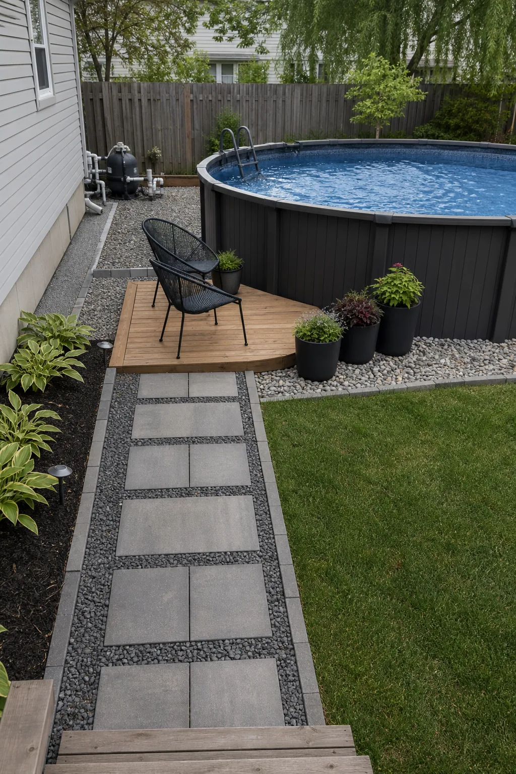 Expensive-looking DIY above-ground pool surround with pavers, gravel, wood, and planters