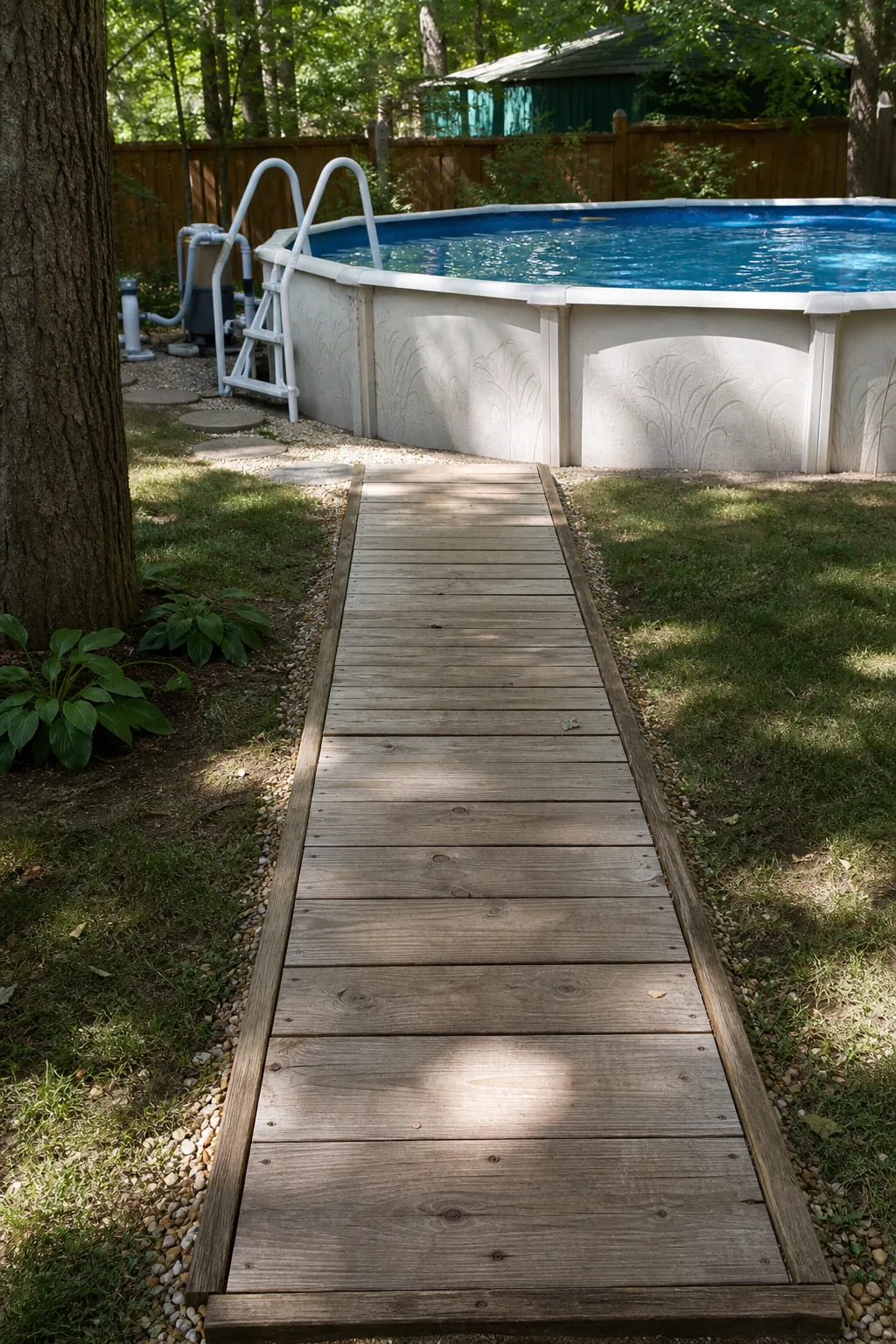 DIY wood boardwalk leading to an above-ground pool