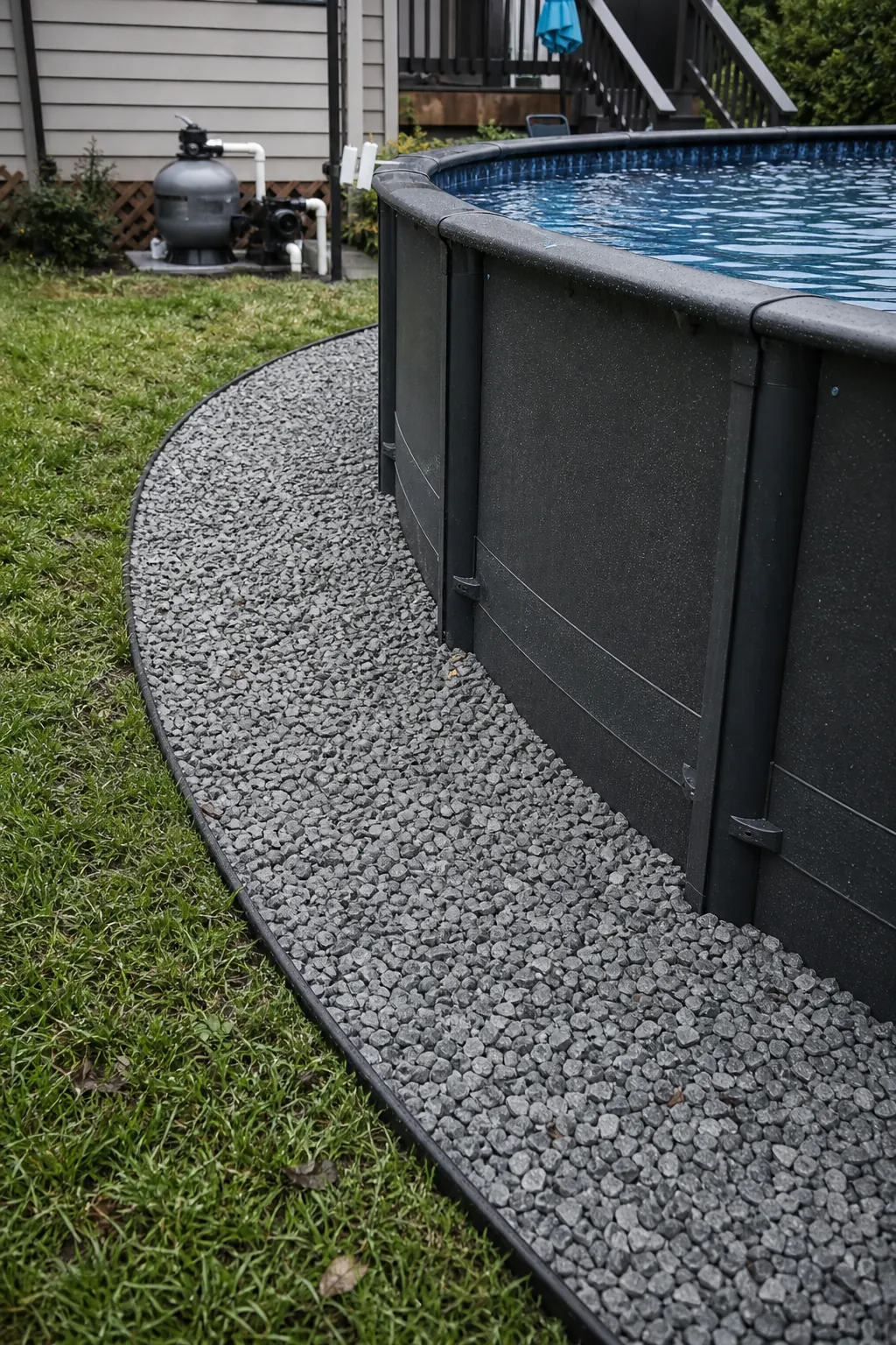 Tailored gravel surround around an above-ground pool
