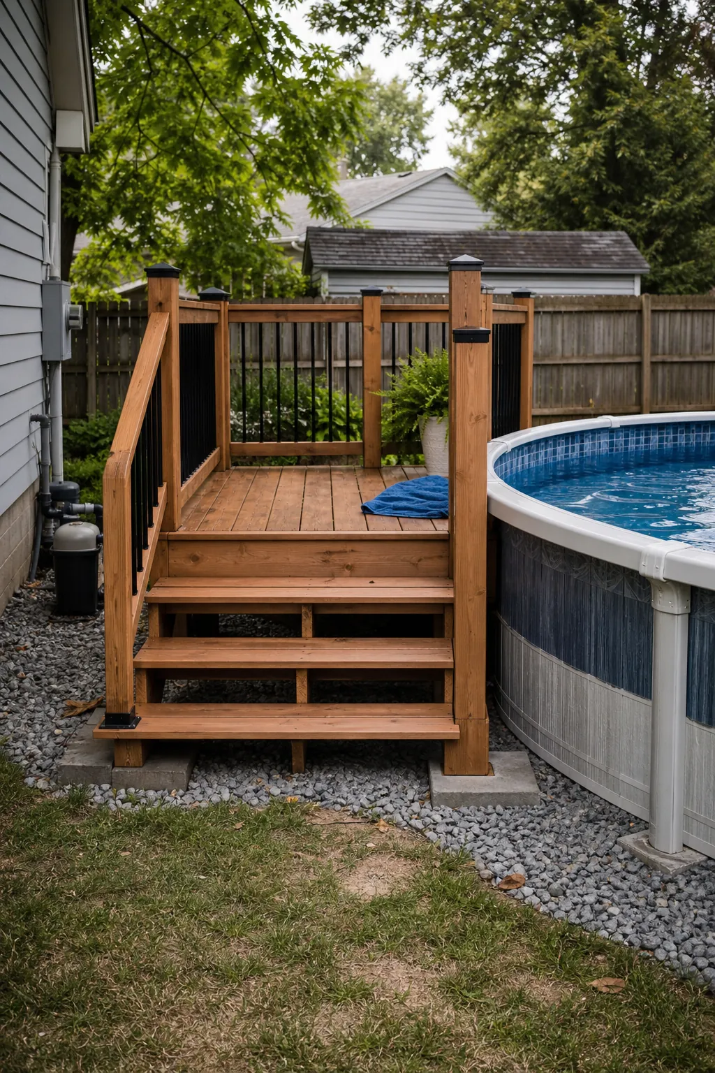 Compact DIY entry deck beside an above-ground pool
