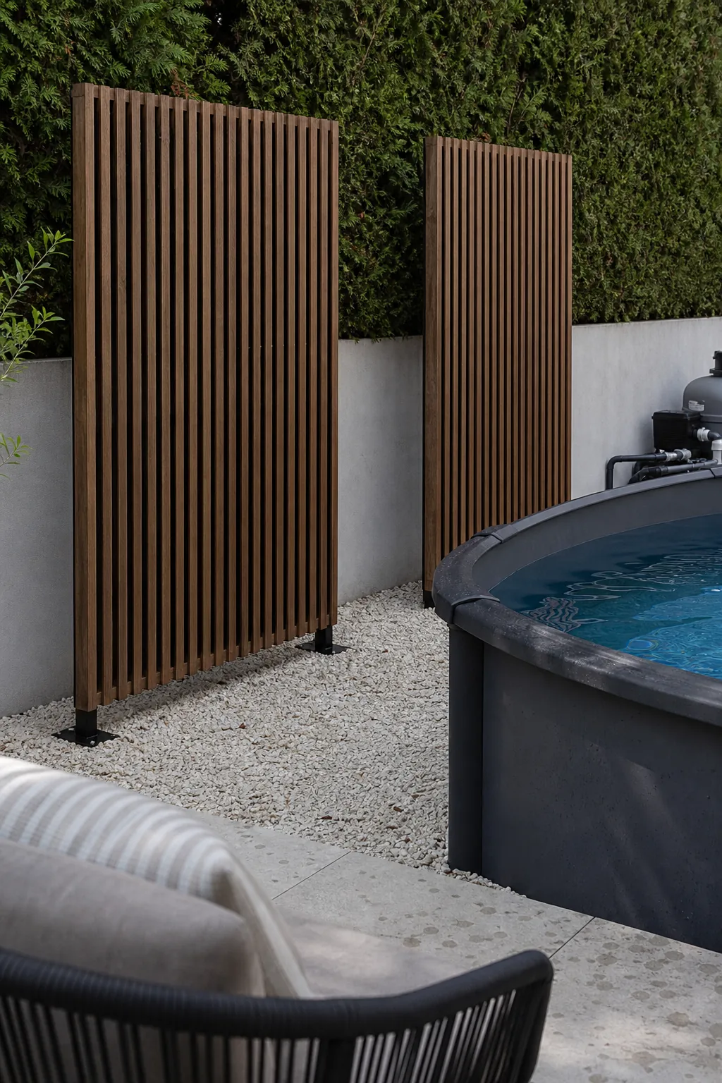 Freestanding wood slat screen softening an above-ground pool wall