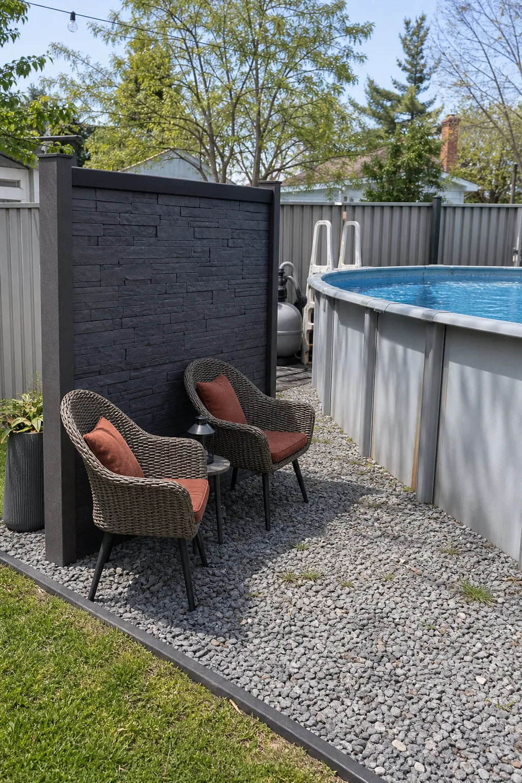Independent modular stone-look screen near an above-ground pool