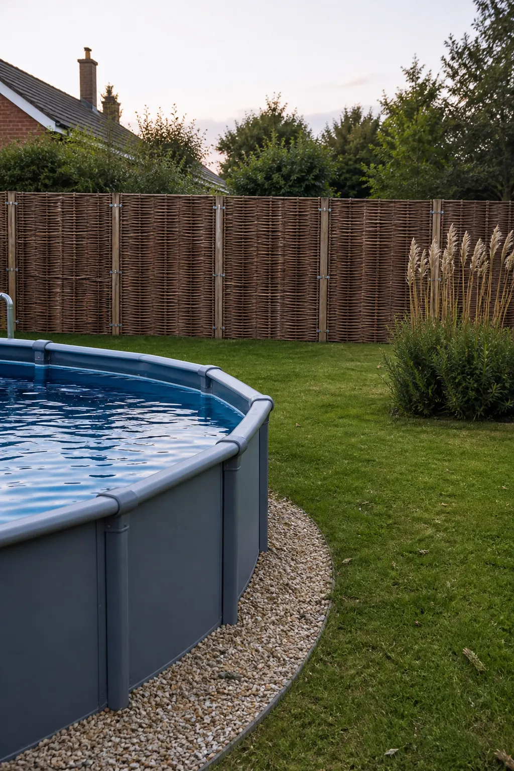 Reed privacy panels used as a distant backdrop behind a pool