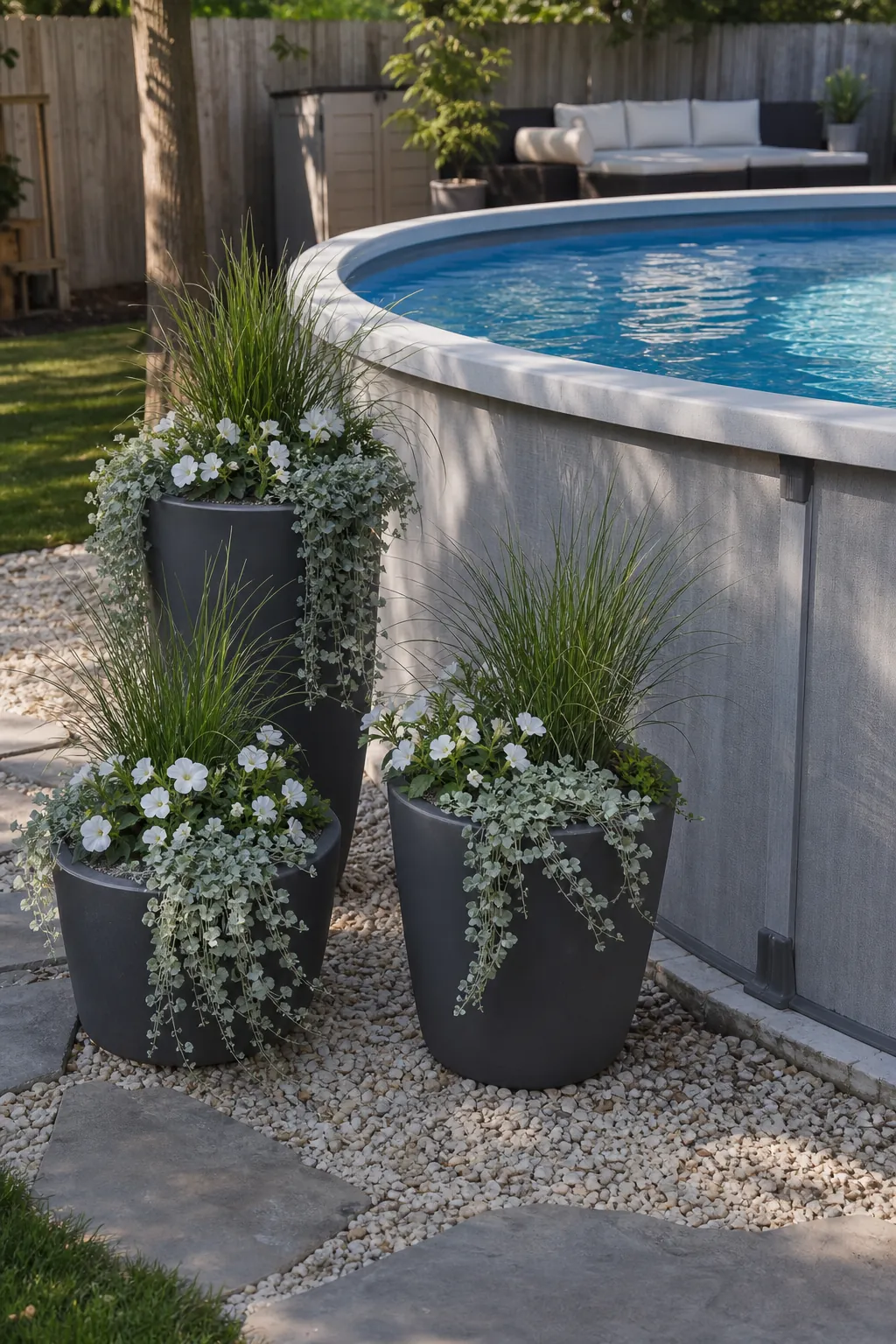 Three oversized planters grouped beside an above-ground pool