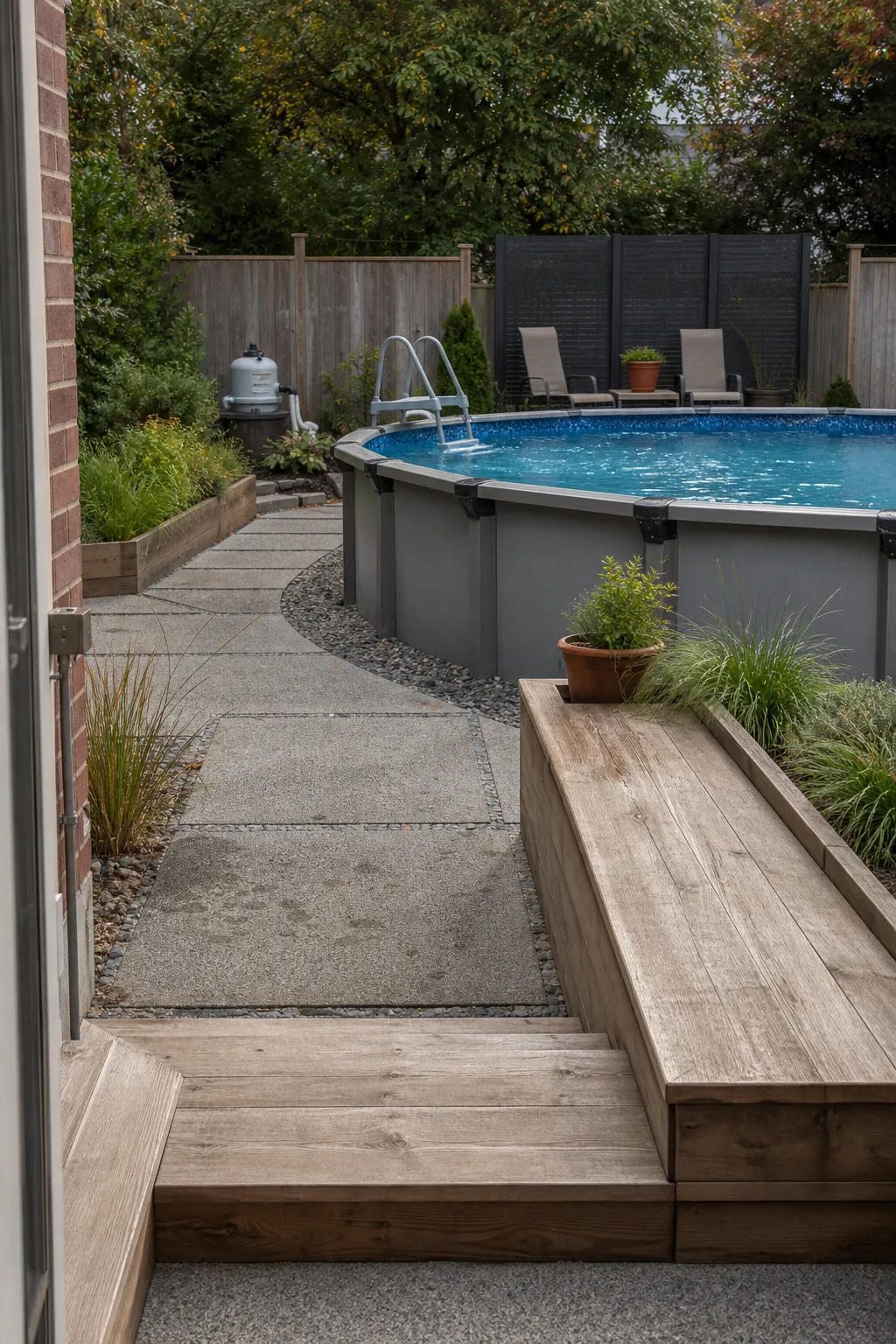Coordinated timber tones around an above-ground pool surround