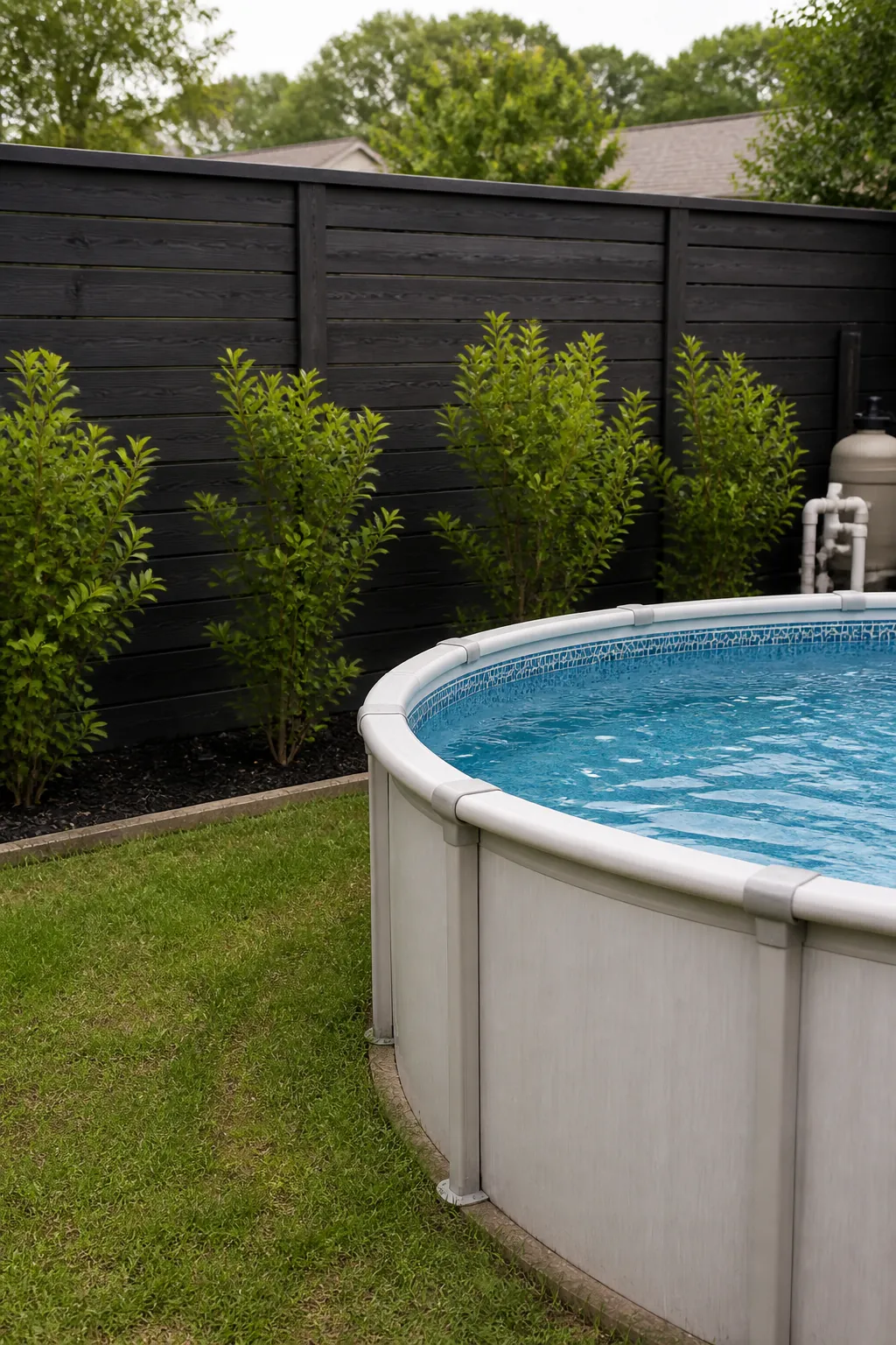 Dark painted fence creating a refined backdrop for a pool