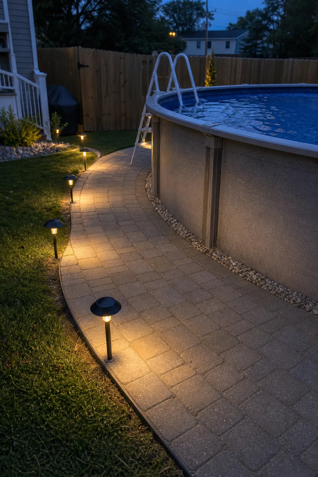 Low solar lights lining a paver approach to a pool