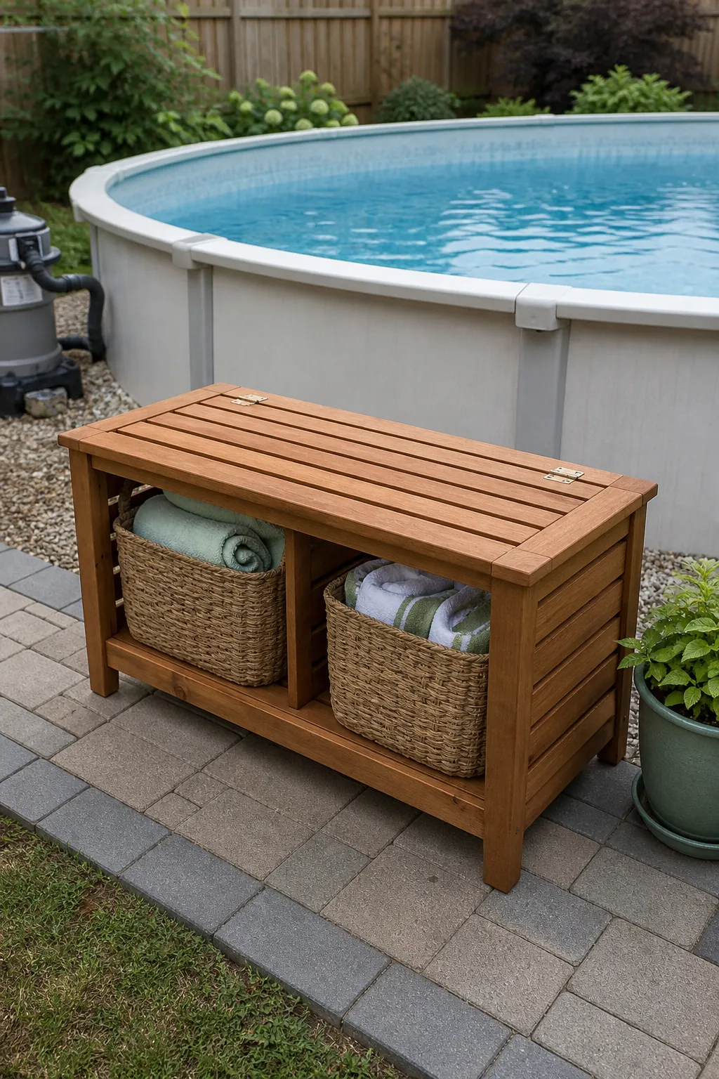 Slatted poolside bench with hidden ventilated storage