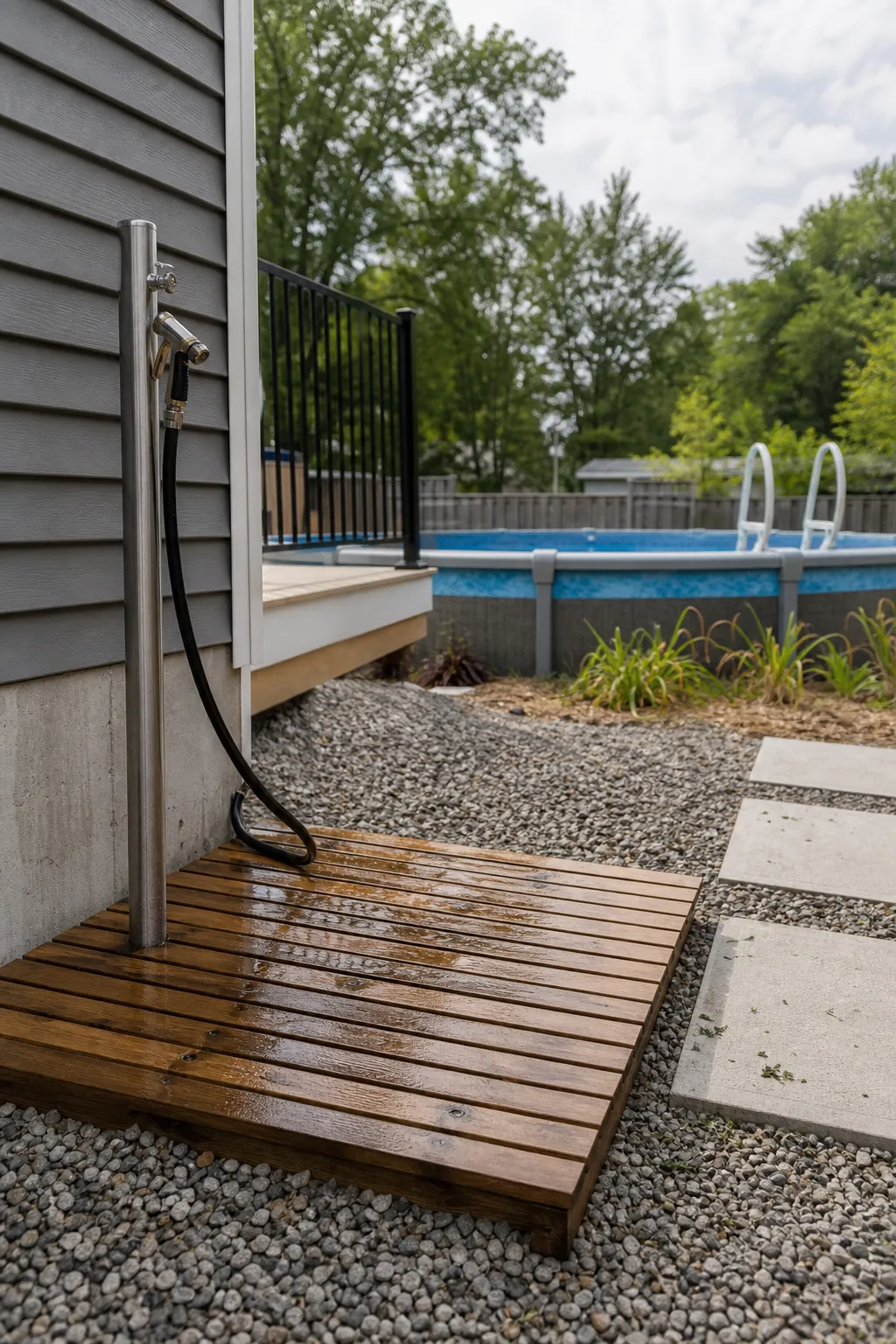 Simple rinsing platform near an above-ground pool