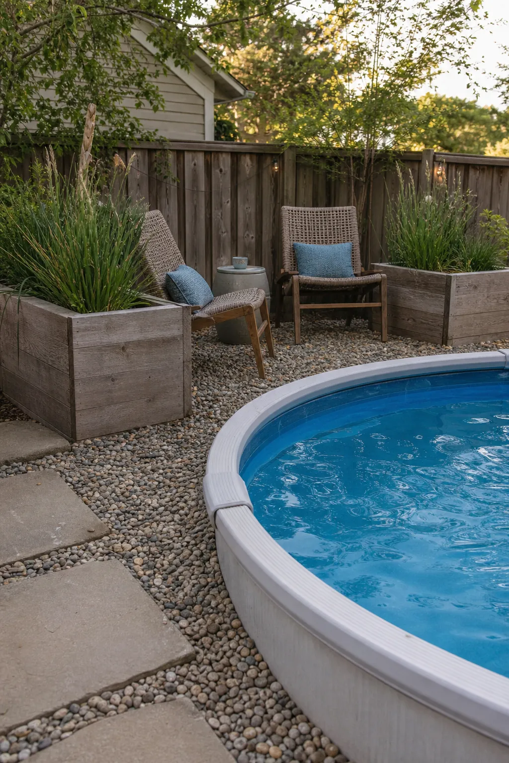 Planter boxes edging a small pool lounge area