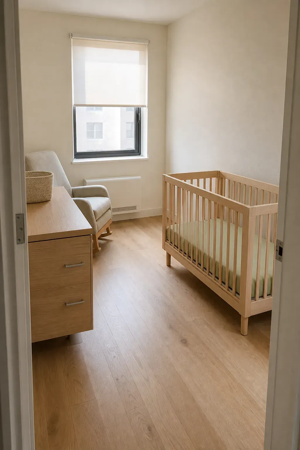 Calm functional small nursery with safe crib and compact storage