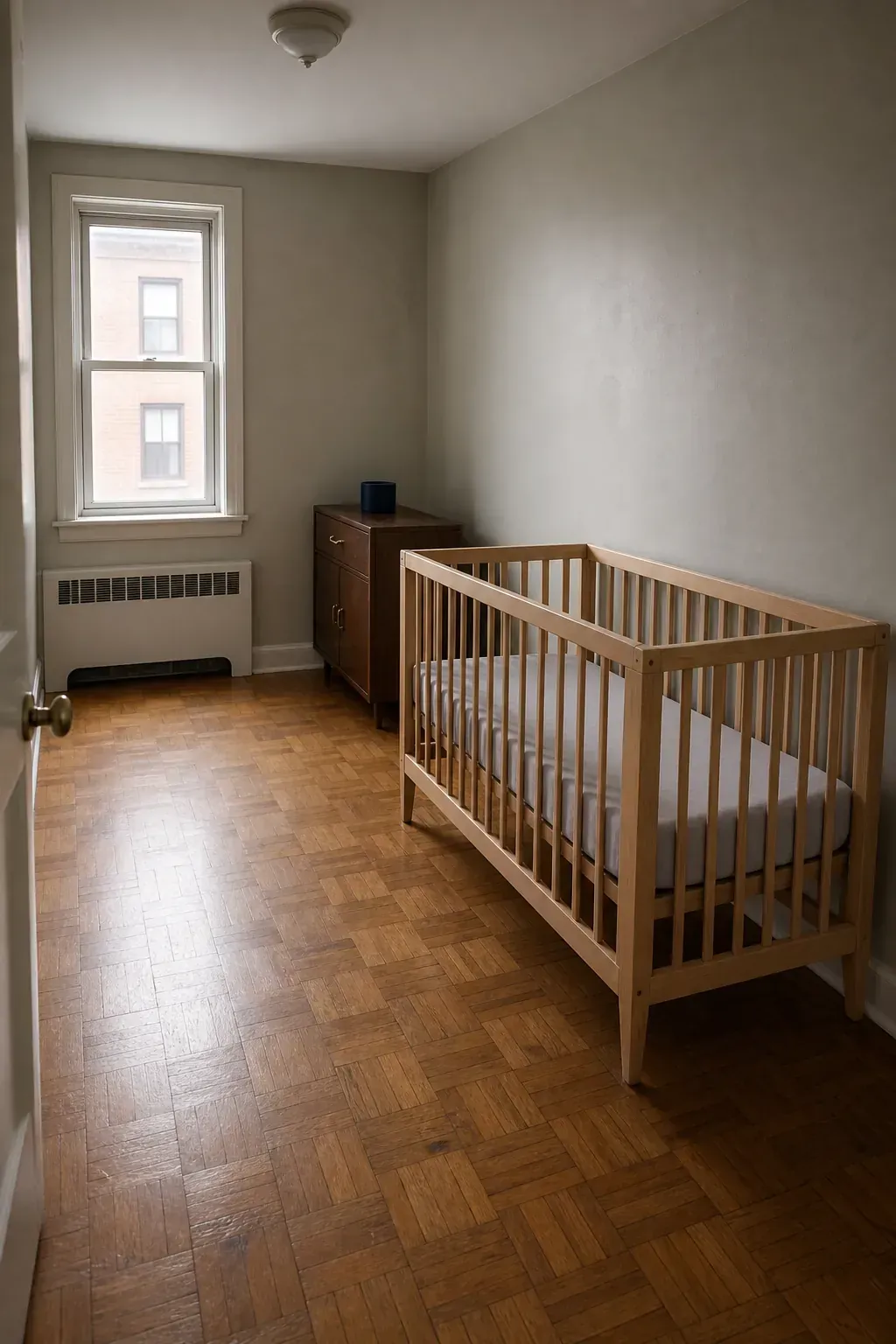 Baby crib positioned on a quiet solid nursery wall